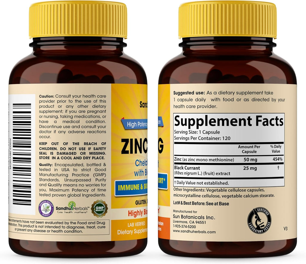 Sandhu Herbals Zinc 50mg Supplement for Men & Women| High Absorption Monomethionine Complex with Black Currant 120 Capsules (Pack of 2)| Zink Supplements for Immune, Acne & Antioxidant Support