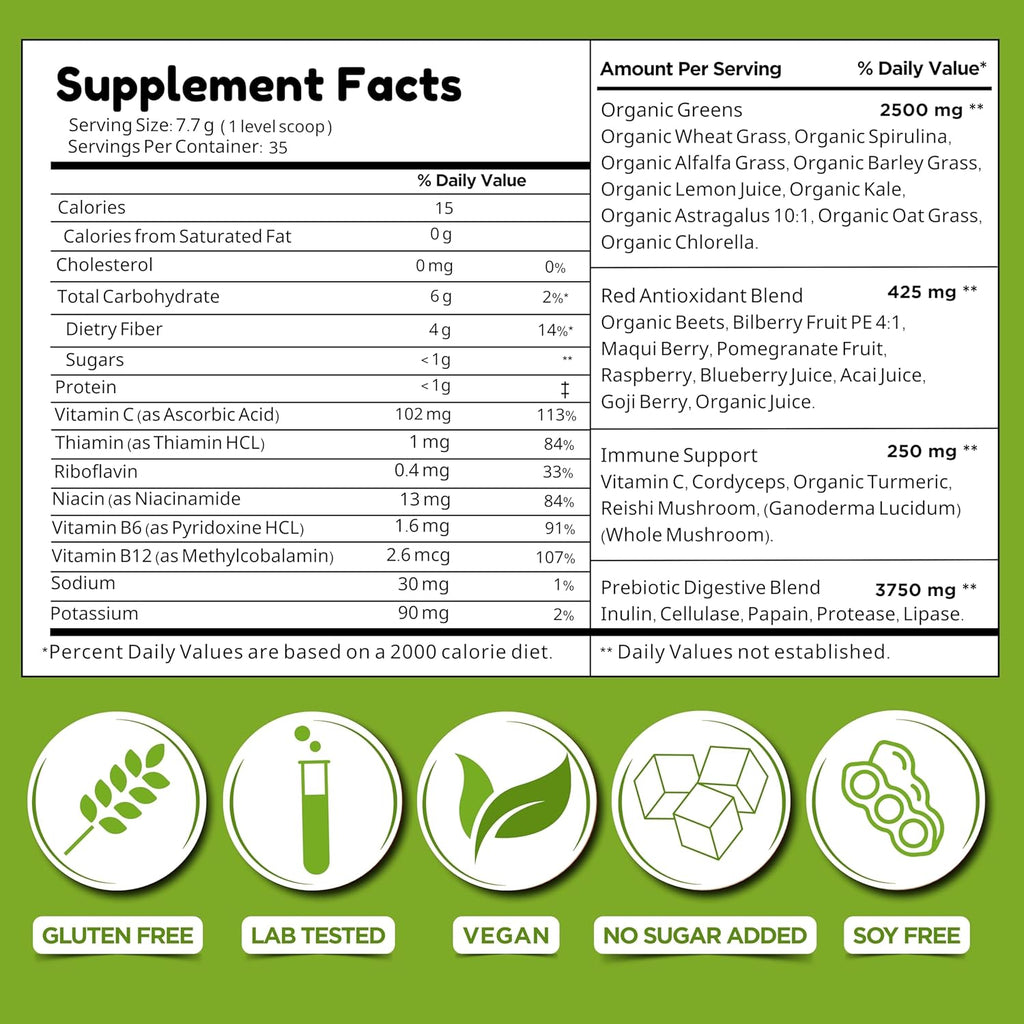 Greens Powder Immune Support, Superfood Blend with 20 Organic Greens & Superfruits, Boost Energy Level, Digestive Enzymes & Prebiotic Blend, Natural Mixed Berry Flavor (9.5 Oz)
