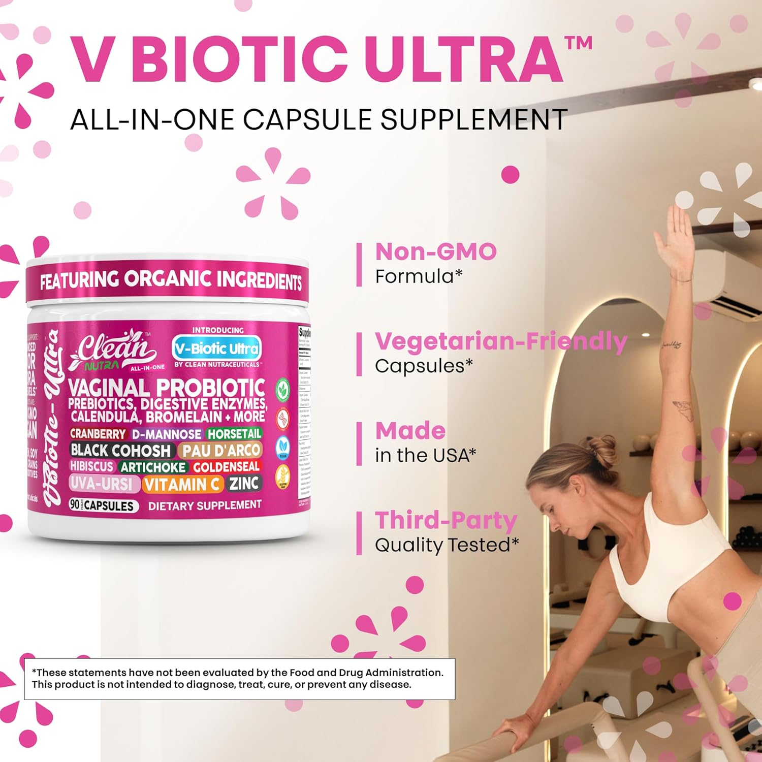 Clean Nutra Vaginal Probiotics for Women + Prebiotics Digestive Enzymes Bromelain Cranberry D Mannose Horsetail Black Cohosh Artichoke Hibiscus Flowers Probiotic for Digestive Health 90 Vegan Capsules
