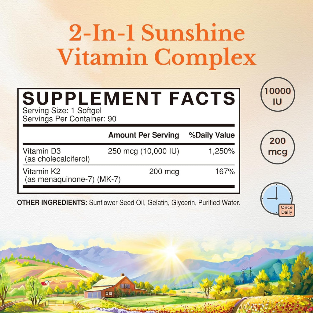 Vitalitown Vitamin D3 K2 Supplement, Vitamin D3 10000 IU Vitamin K2 (MK7) 200 mcg, 90 Softgels, Non-GMO, No Gluten & Soy, for Bone, Teeth, Immune & Heart Health