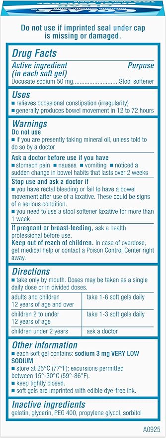 Colace Clear Stool Softener for Gentle Effective Constipation Relief, #1 Doctor Recommended Stool Softener Brand, Dye Free, 50 mg Docusate Capsules, 100 Count