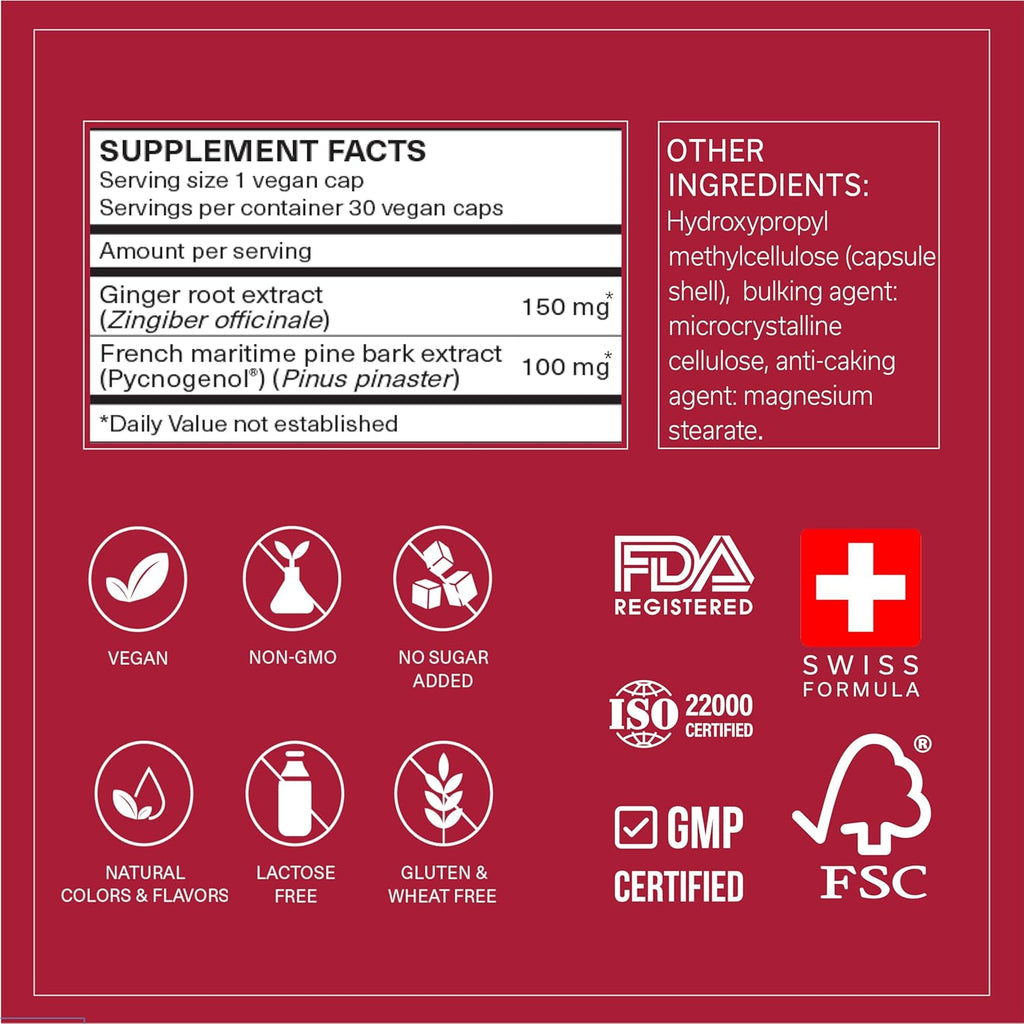 Pycnogenol 100mg & Ginger Extract | Supports Healthy Circulation, Vein Health & Leg Comfort | Helps with Occasional Swelling in Legs & Feet | Long-Haul Travel Essentials | 30 Vegan Caps