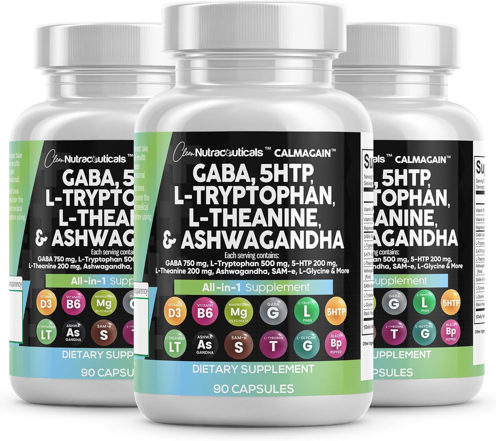 Clean Nutraceuticals GABA 750mg 5 HTP 200mg L Tryptophan 500mg L Theanine 200mg Ashwagandha SAM-e L-Glycine - Mood Support Vitamins for Women and Men with L-Tyrosine (90 Count (Pack of 3))