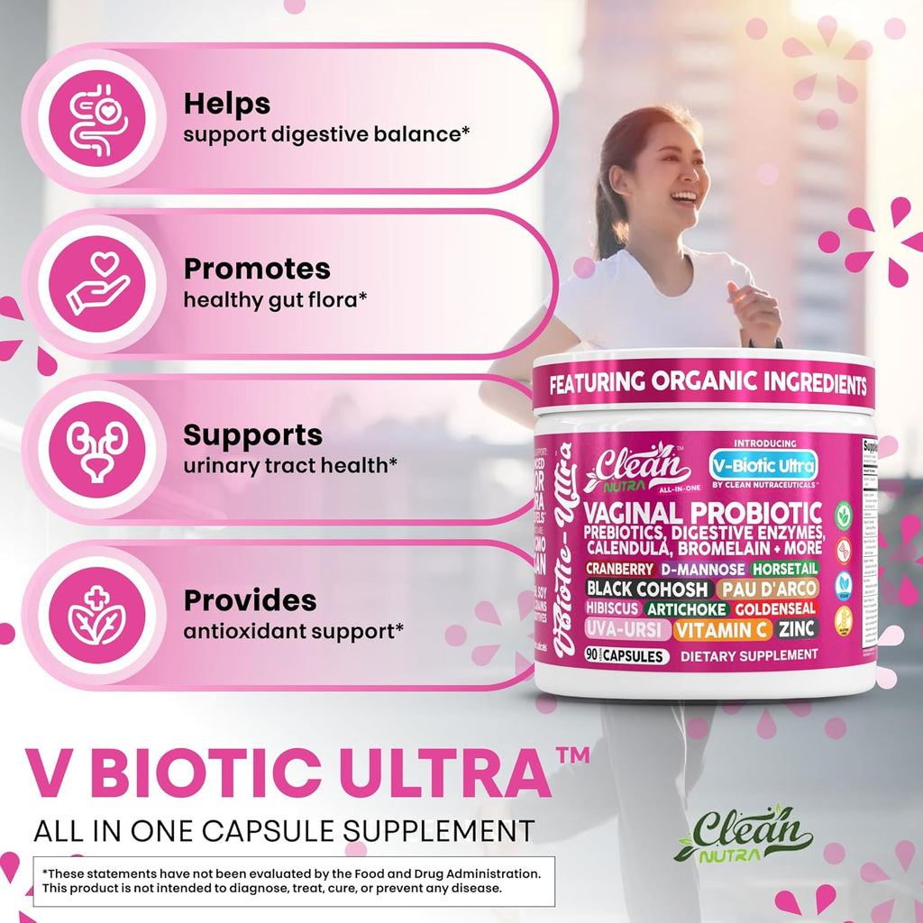 Clean Nutra Vaginal Probiotics for Women + Prebiotics Digestive Enzymes Bromelain Cranberry D Mannose Horsetail Black Cohosh Artichoke Hibiscus Flowers Probiotic for Digestive Health 90 Vegan Capsules