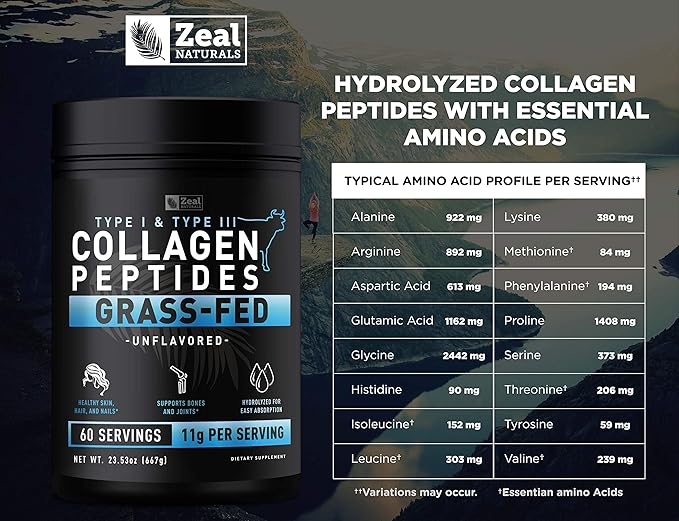 Zeal Naturals Multi Collagen Peptides Powder, 9g Protein Vitamin C Biotin Hyaluronic Acid Collagen for Women and Men, Hair Skin Nails Bone Health Grass-Fed Gluten-Free 45 Servings Unflavored, 14.72oz.