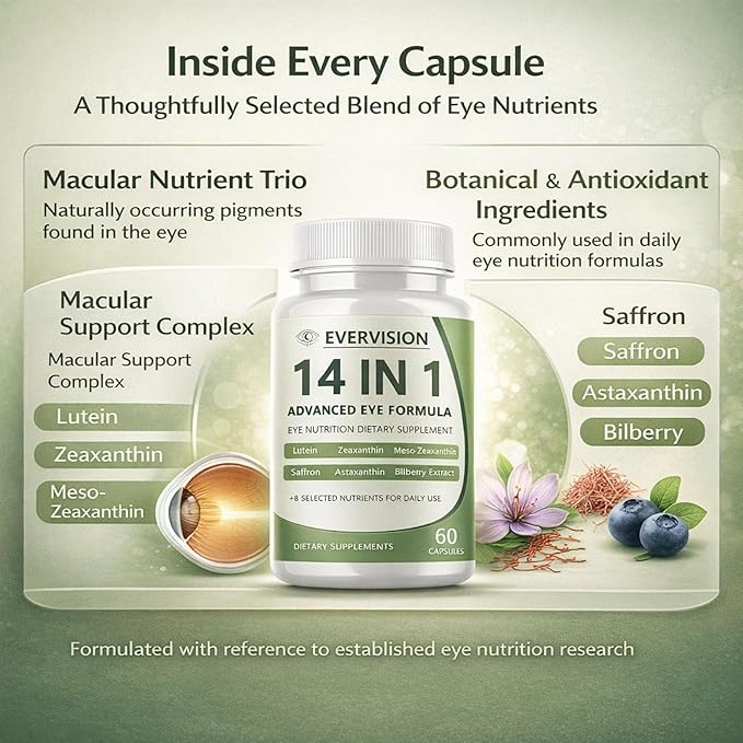 Evervision 14-in-1 Advanced Eye Formula, Daily Eye Nutrition Supplement with Lutein, Zeaxanthin, Saffron & Bilberry Extract, Eye Health Support for Adults – 60 Capsules (1)
