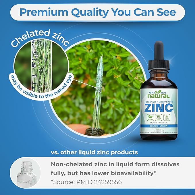 Organic Liquid Zinc Drops Supplement with Chelated Picolinate and Bisglycinate, Vegan
