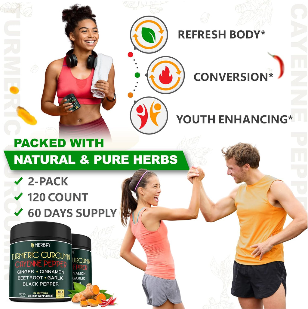 7in1 Turmeric and Cayenne Pepper Supplement - Digestion, Immune, Brain & Heart Health Support with Ceylon, Ginger, Garlic, Beetroot - 2Pack60