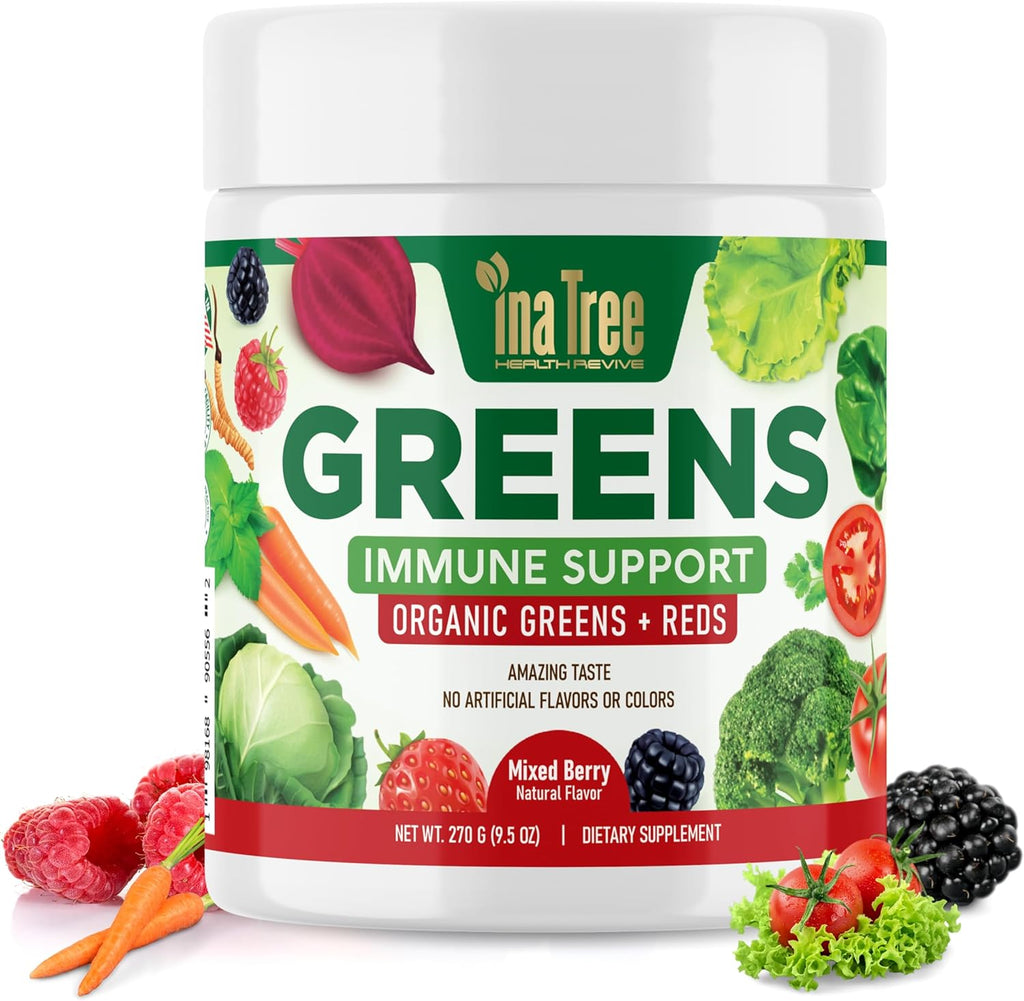 Greens Powder Immune Support, Superfood Blend with 20 Organic Greens & Superfruits, Boost Energy Level, Digestive Enzymes & Prebiotic Blend, Natural Mixed Berry Flavor (9.5 Oz)