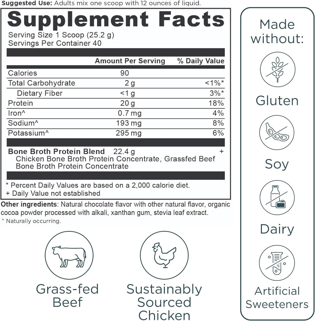 Ancient Nutrition Grass Fed, Cage Free, Bone Broth Protein Powder, 20g Protein, Hydrolyzed Collagen Peptides, Keto & Paleo Friendly, Supports Joint, Gut Health, Chocolate, 40 Servings