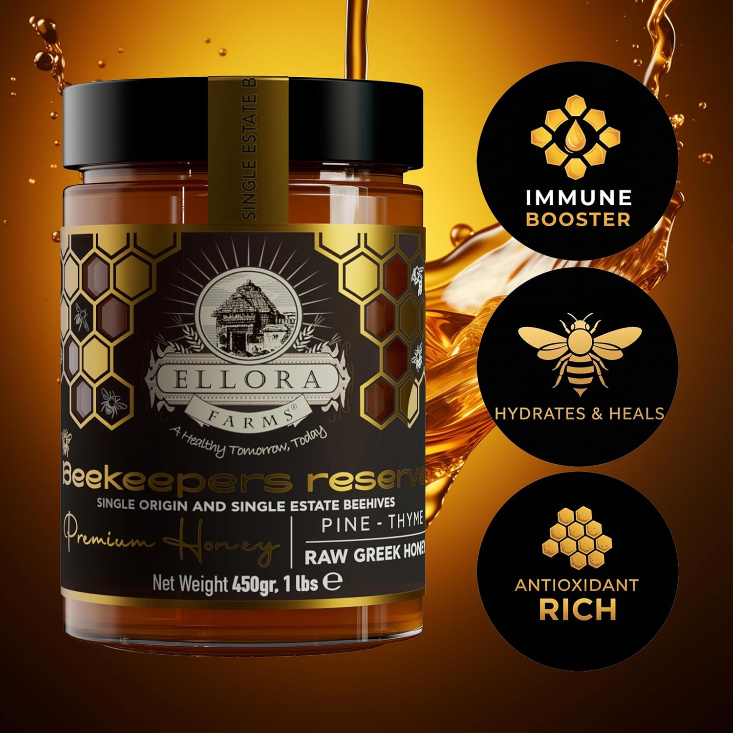 Ellora Farms Greek Honey Single Estate PDO, Pine & Thyme Raw Honey Unfiltered, Beautiful Gift Pack with Dipper, Beekeepers Reserve, Pure Raw & Unfiltered Cold-Pressed, Gluten Free - 450 g