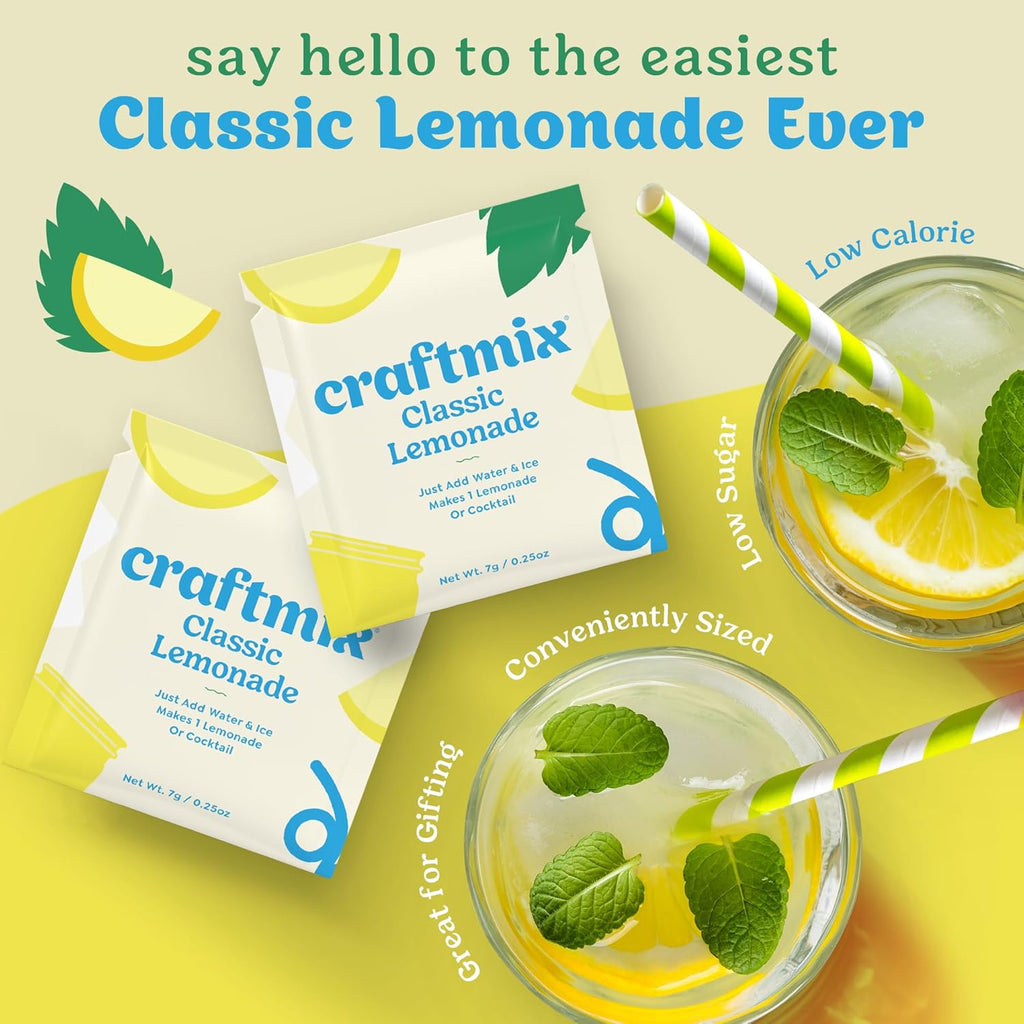 Craftmix Classic Lemonade Mix, 12 Packets, Easy Powder Drink with Real Fruit, Low-Sugar, Vegan, Low-Carb, Non-GMO, Dairy-Free, Gluten-Free, Flavored Water Enhancer, On-the-Go Water Flavoring Packets