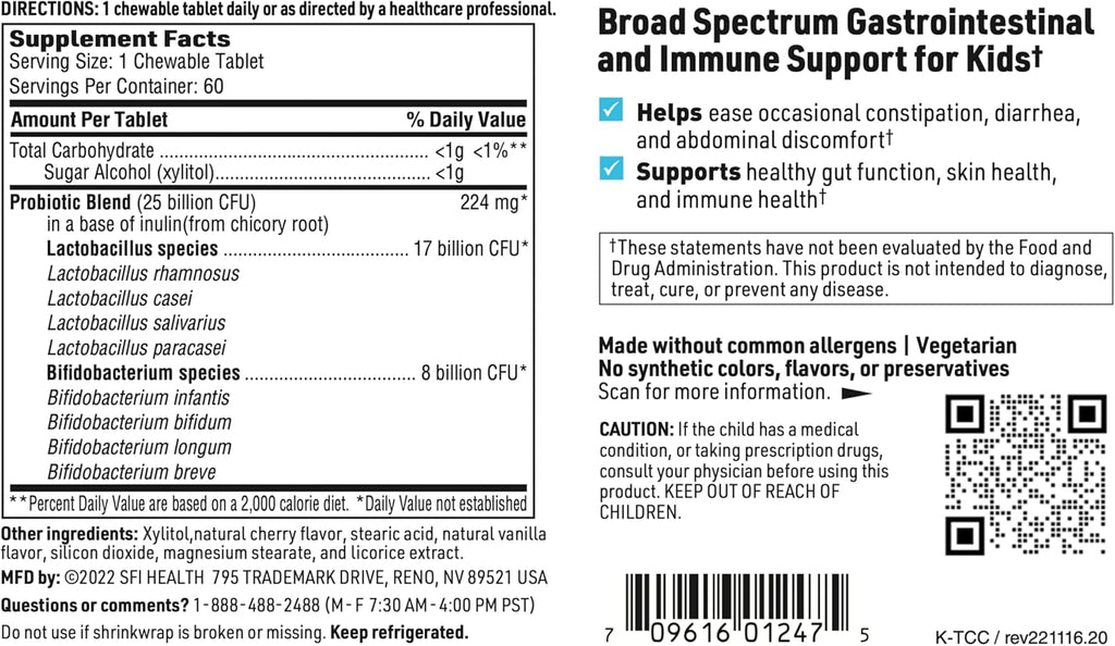 Klaire Labs SFI Health Ther-Biotic Kids Chewable Probiotic - GI Health + Immune Support for Kids - Chewable 25b CFU Lactobacillus + Bifidobacterium - Hypoallergenic, Dairy-Free (60 Tablets / 2 Pack)