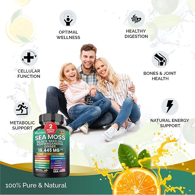 Sea Moss Black Seed Oil Ashwagandha Turmeric Bladderwrack Burdock & Vitamin C Vitamin D3 with Elderberry Manuka Dandelion Yellow Dock Iodine Chlorophyll 16 in 1 Supplement (360 Capsules, 3 Bottles)