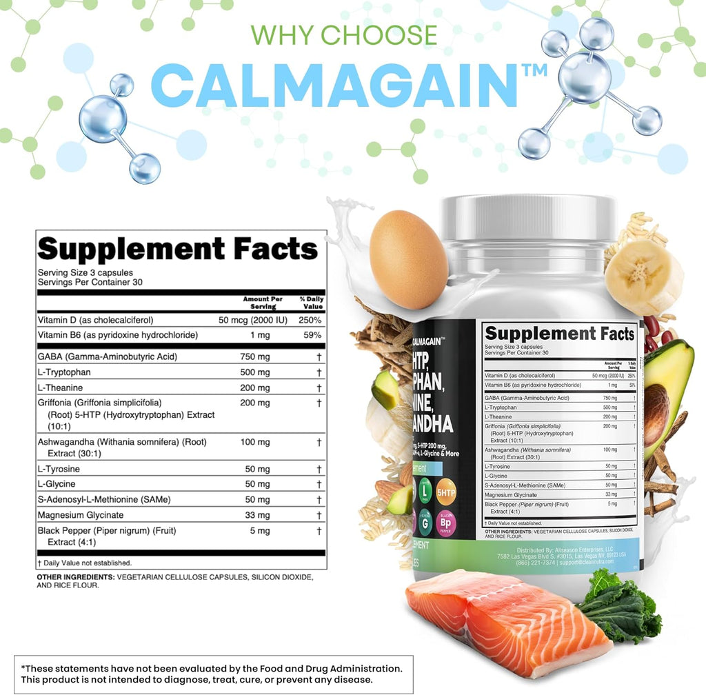 Clean Nutraceuticals GABA 750mg 5 HTP 200mg L Tryptophan 500mg L Theanine 200mg Ashwagandha SAM-e L-Glycine - Mood Support Vitamins for Women and Men with L-Tyrosine (90 Count (Pack of 2))