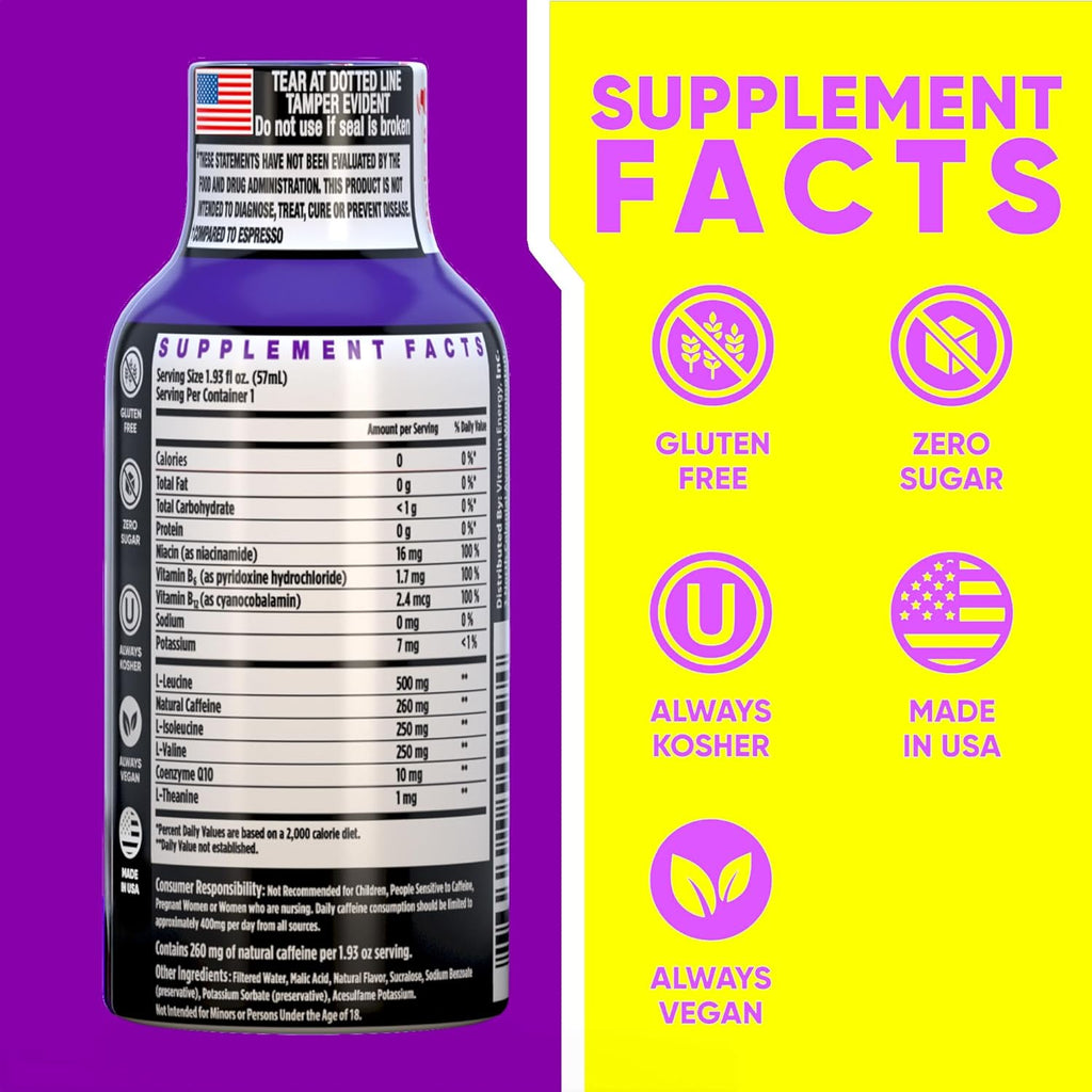 Vitamin Energy Focus+ Extra Strength Energy Shot Berry 24 Pack, 260mg Natural Caffeine, B-Vitamins, CoQ10, Amino Acids, Focus, Productivity & Clarity, Zero Sugar, Gluten-Free, 1.93 fl oz
