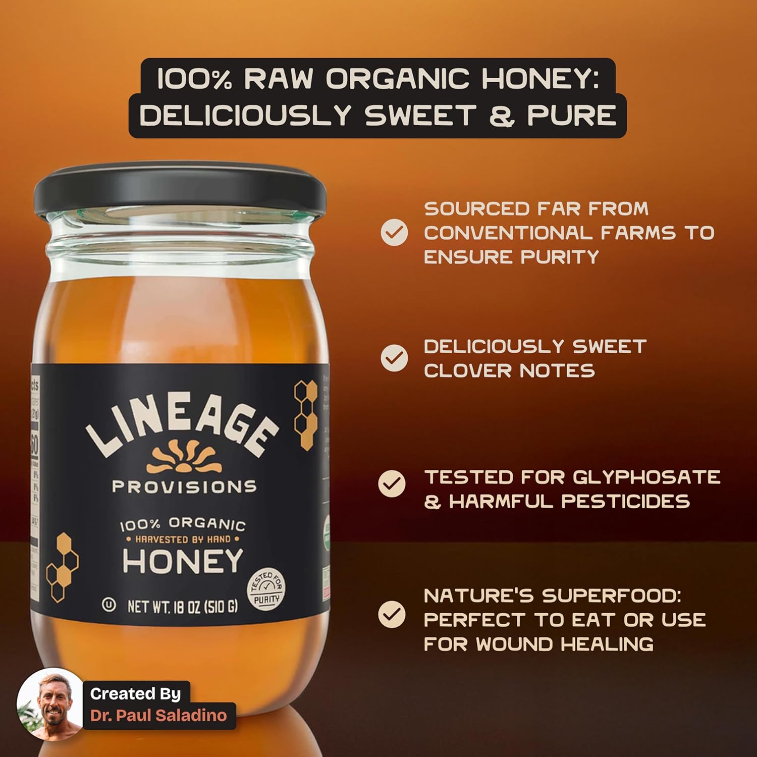 Lineage Provisions 100% Organic Raw Unfiltered Honey – 3-Pack (18 oz Glass Jars) – Undetectable Glyphosate, Chemical-Free, Gluten-Free & Non-GMO – Undergoes no heating, processing, straining, or additives – Hand-Harvested Pure Honey