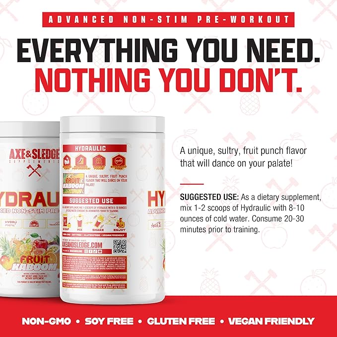Axe & Sledge Hydraulic Stim-Free Pre-Workout Powder for Men & Women | Performance, Stamina, Focus, Pumps | L-Citrulline, Beta Alanine, Creatine, Caffeine-Free, Fruit Kaboom