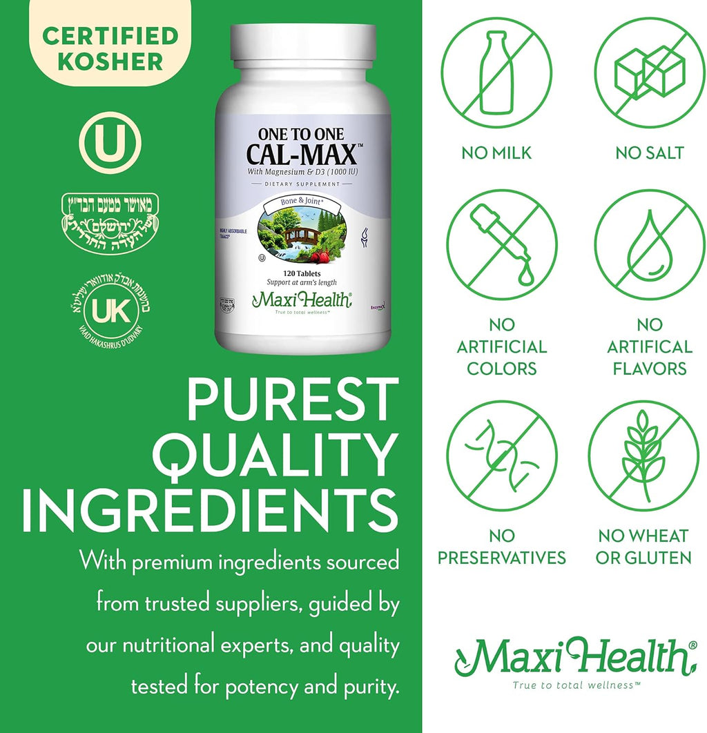 500 mg Calcium Supplement with Vitamin D3 (1000 IU) and Magnesium (500 mg) - Bone, Teeth and Joint Support for Men and Women - 120 Tablets - One to One Cal-Max by Maxi Health