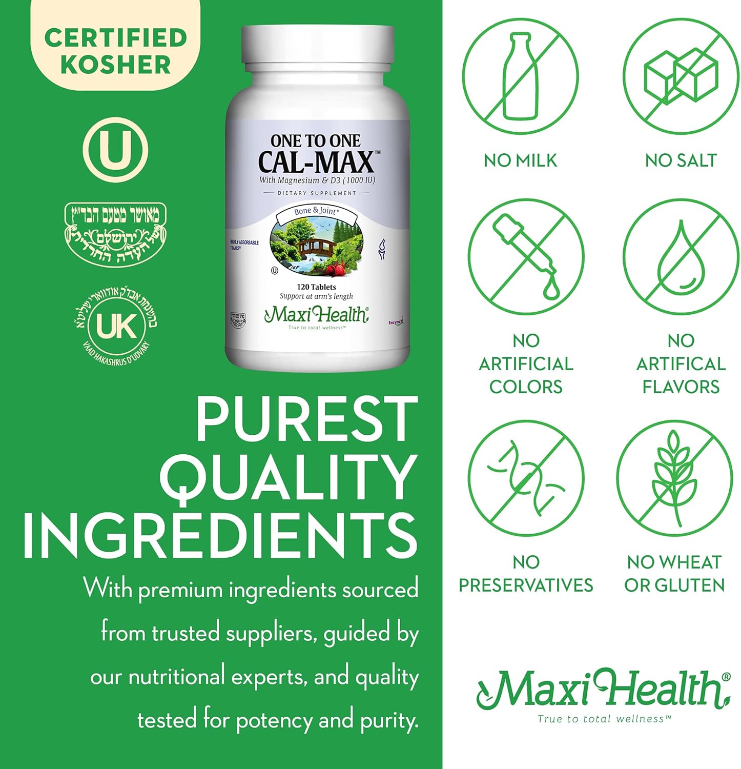 500 mg Calcium Supplement with Vitamin D3 (1000 IU) and Magnesium (500 mg) - Bone, Teeth and Joint Support for Men and Women - 120 Tablets - One to One Cal-Max by Maxi Health