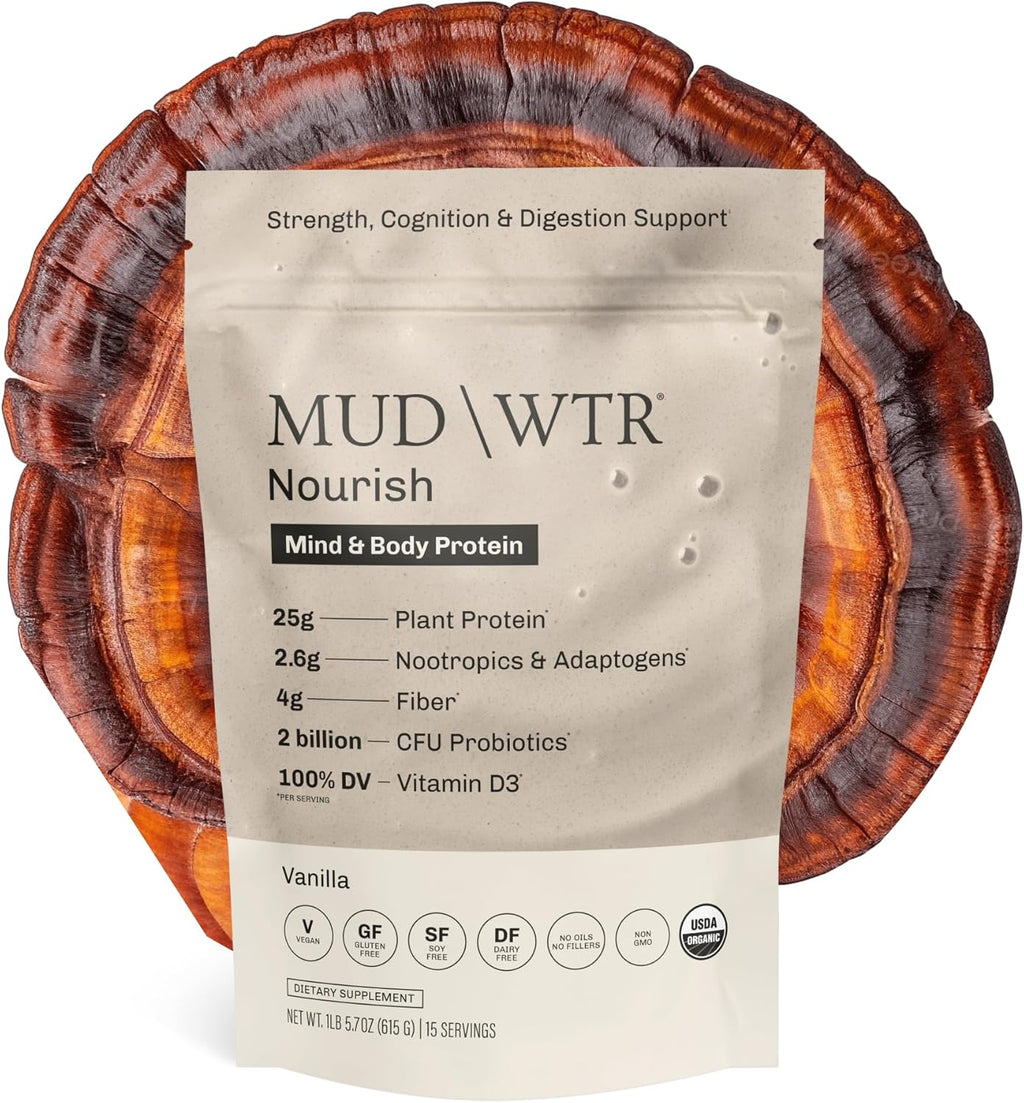 MUDWTR Nourish | Vanilla Mushroom Protein Powder | 2,000mg Adaptogenic Mushrooms | Vegan Protein Powder | USDA Organic | Focus, Mood & Digestion Support | Vanilla, Lion's Mane, Bacopa | 15 Servings