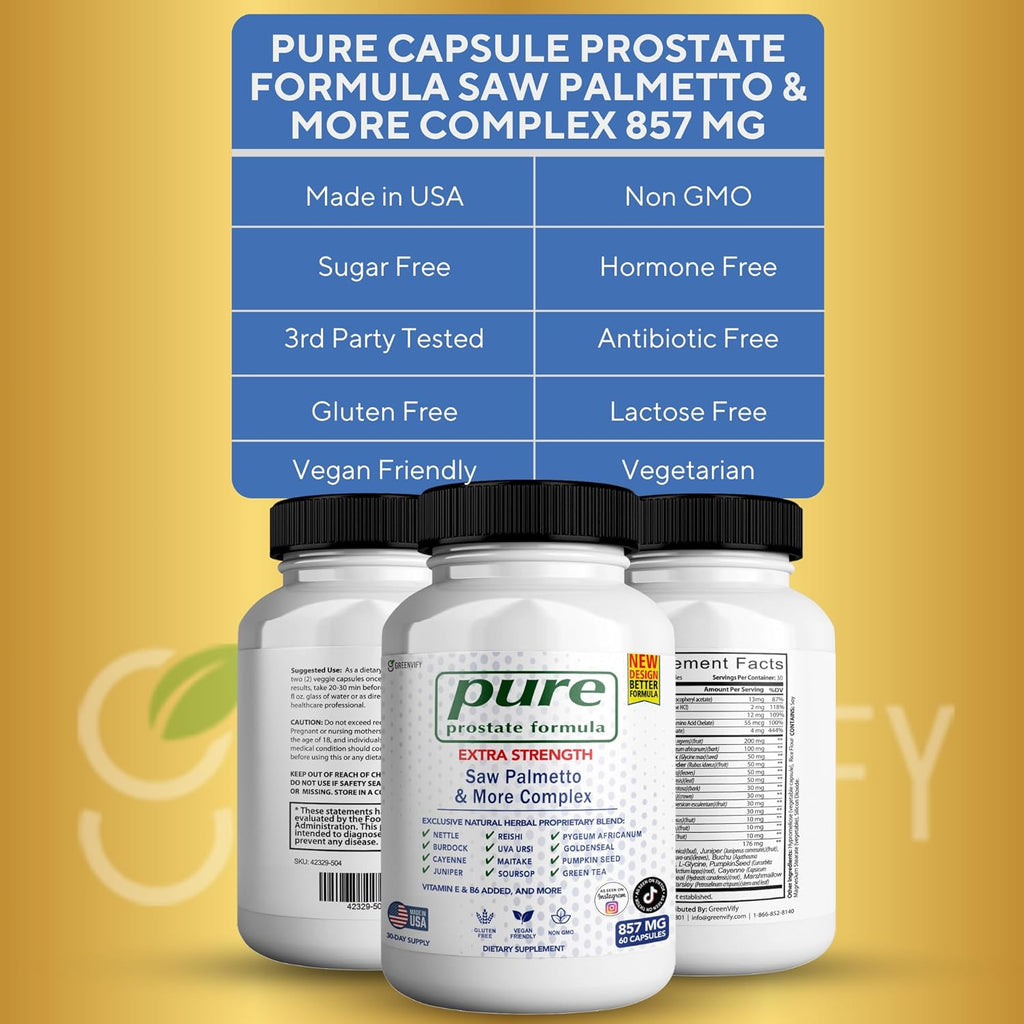 Pure Prostate Formula Saw Palmetto & More Complex 857 mg Prostate Supplements for Men Capsules, Health Supplements - Maximum Strength, All Natural to Support Normal & Healthy Function (5)