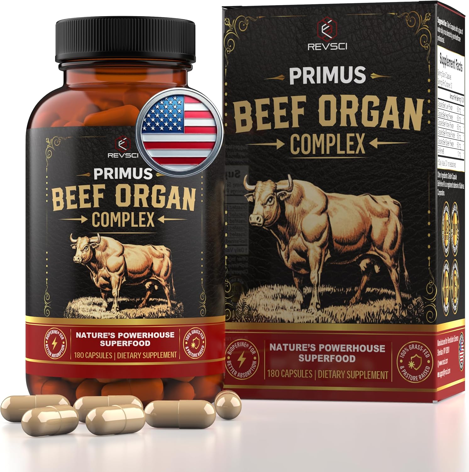 Grass Fed Beef Organ Supplement for Men & Women - PRIMUS Grassfed Beef Liver Capsules with Heart, Ancestral Blend 5 Organ Meat Supplements & BioPerine for Absorption, Vitality, Energy, 180 Pills
