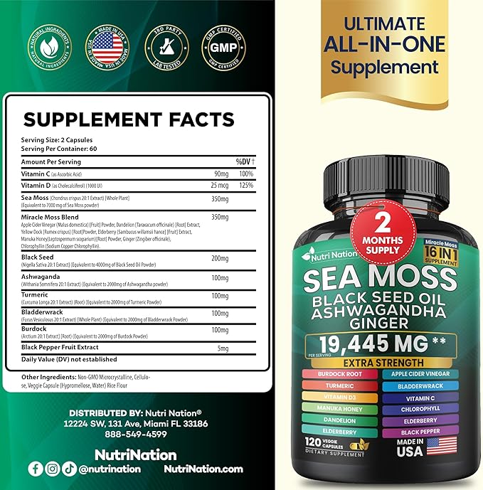 Sea Moss Black Seed Oil Ashwagandha Turmeric Bladderwrack Burdock & Vitamin C Vitamin D3 with Elderberry Manuka Dandelion Yellow Dock Iodine Chlorophyll 16 in 1 Supplement (360 Capsules, 3 Bottles)
