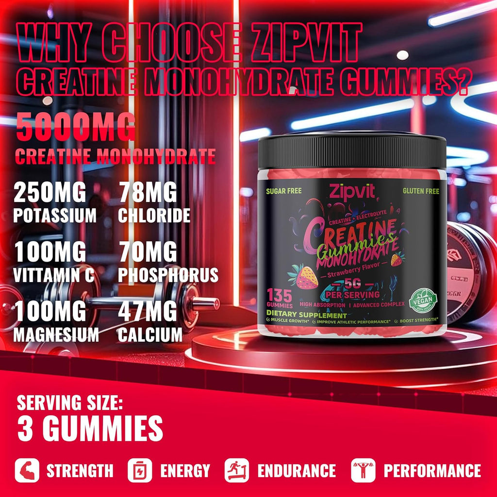 Zipvit Creatine Monohydrate Gummies (5g) – Pre-Workout Energy & Muscle Growth Support for Men & Women | Strawberry Electrolyte Gummies (135 Count)