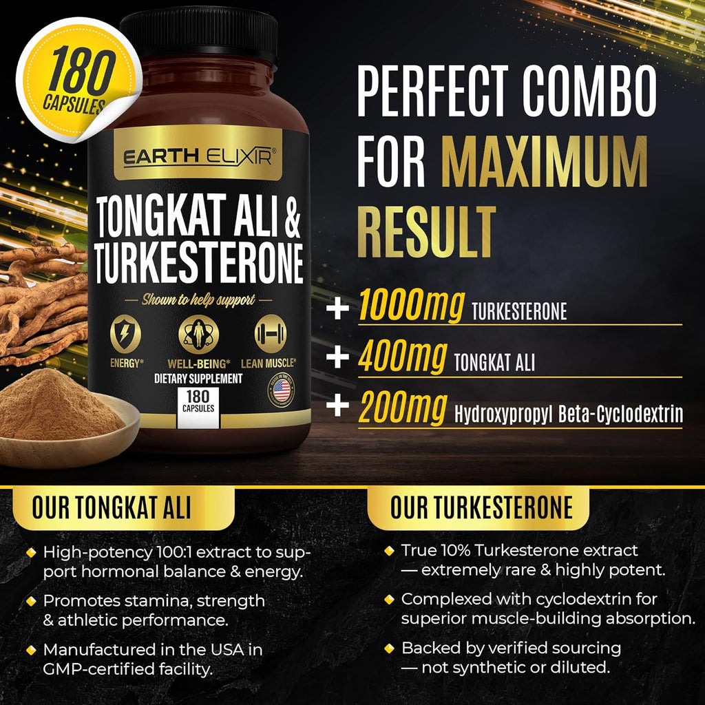Turkesterone Tongkat Ali for Men and Women – 2-in-1 Natural Testosterone Support for Energy & Fitness - High Potency Turkesterone Supplement for Men with Tongkat Ali –– Pure Non-GMO Formula