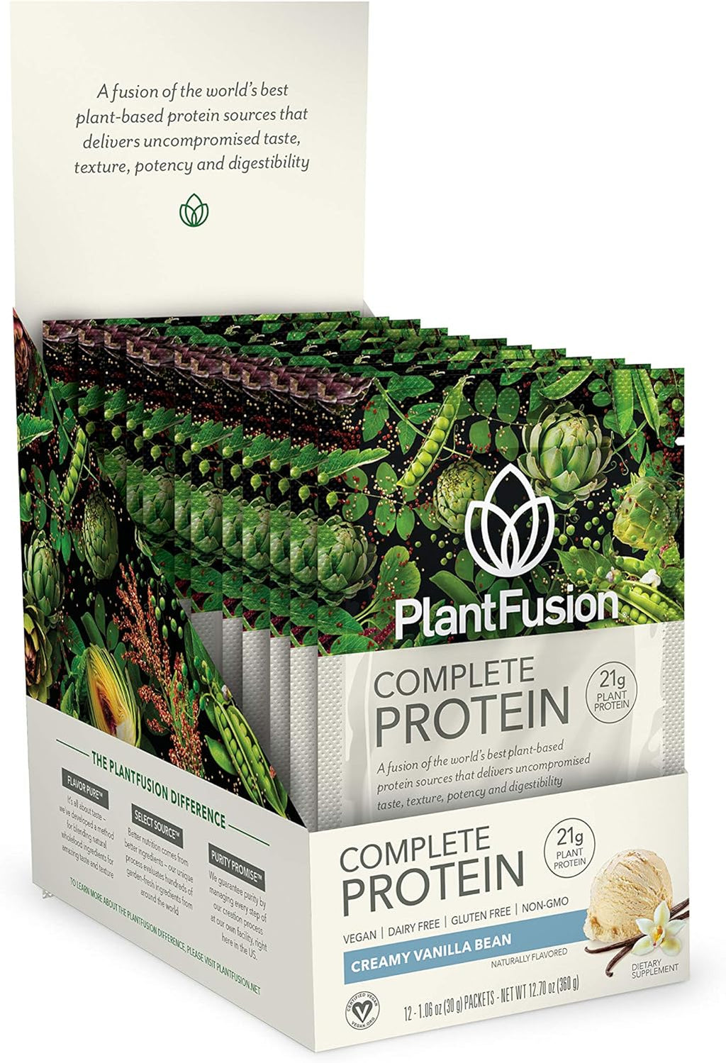 PlantFusion Complete Vegan Protein Powder - Plant Based Protein Powder With BCAAs, Digestive Enzymes and Pea Protein - Keto, Gluten Free, Soy Free, Non-Dairy, No Sugar, Non-GMO - Vanilla Pack of 12