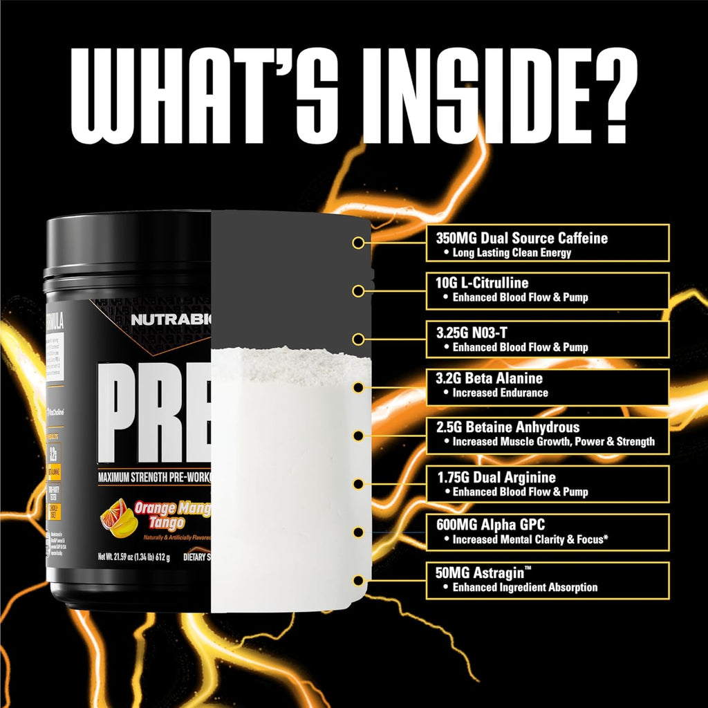NutraBio PRE Workout Powder - New Formula- Sustained Energy, Mental Focus, Endurance - Beta Alanine, Caffeine, Electrolytes - 20 Servings - Orange Mango Tango