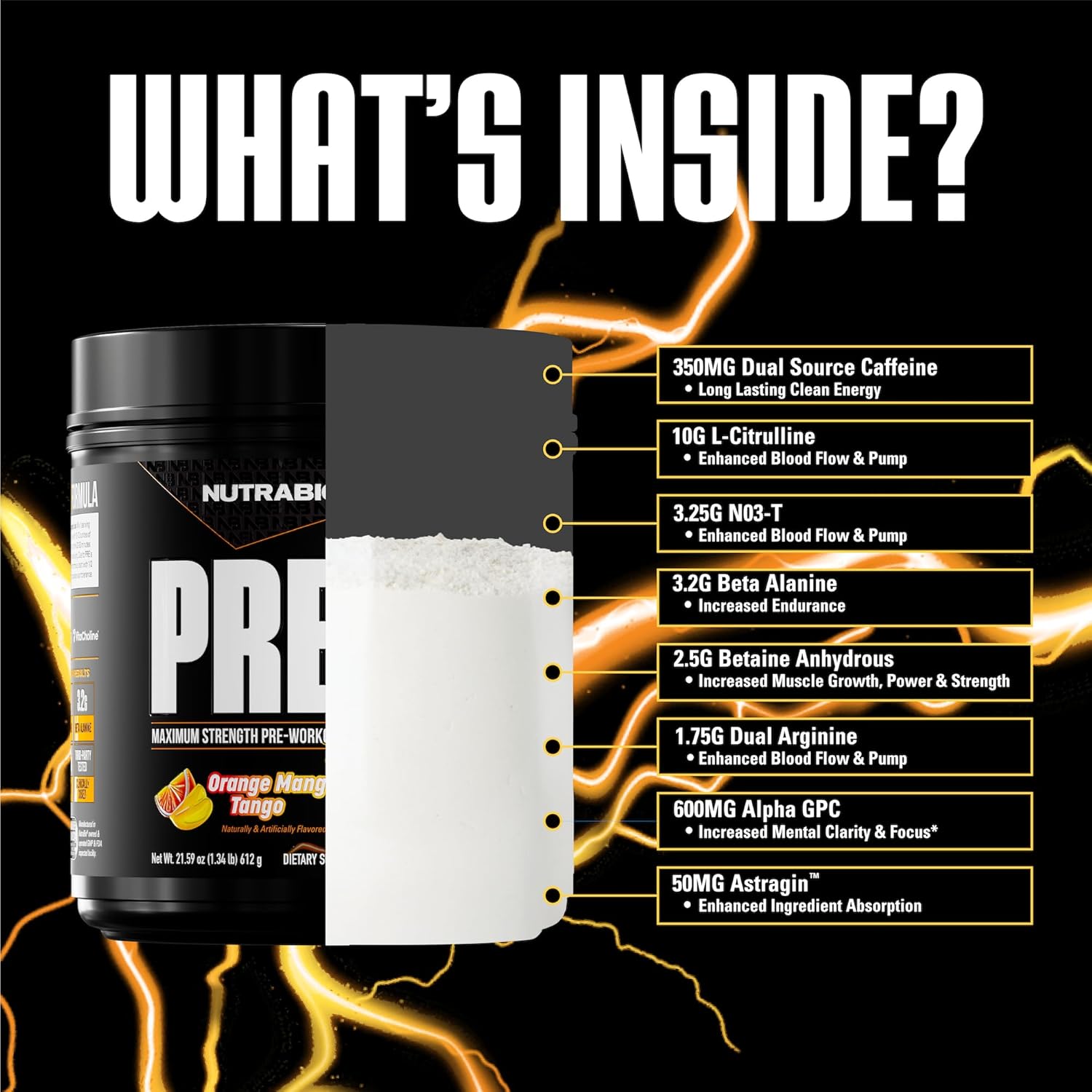 NutraBio PRE Workout Powder - New Formula- Sustained Energy, Mental Focus, Endurance - Beta Alanine, Caffeine, Electrolytes - 20 Servings - Orange Mango Tango