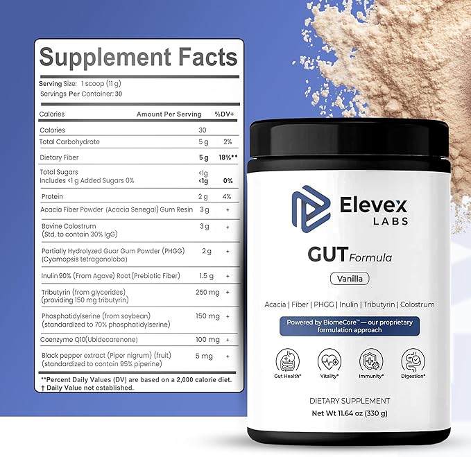 Elevex Gut Health Powder – 3g Colostrum (30% IgG) + Tributyrin (≥60% Butyrate Purity) + PHGG Prebiotics – Gut Lining, Gut–Brain & Bloating Support – BiomeCore™ – 30 Servings (Vanilla)