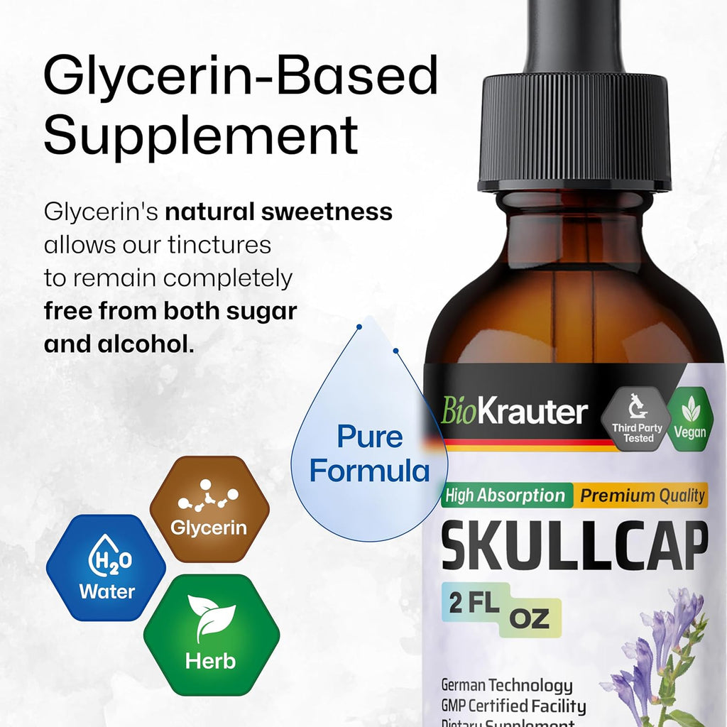 BIO KRAUTER Skullcap Herb Tincture - Scutellaria Lateriflora Liquid Extract - Alcohol and Sugar Free - Vegan Drops 2 Fl.Oz.
