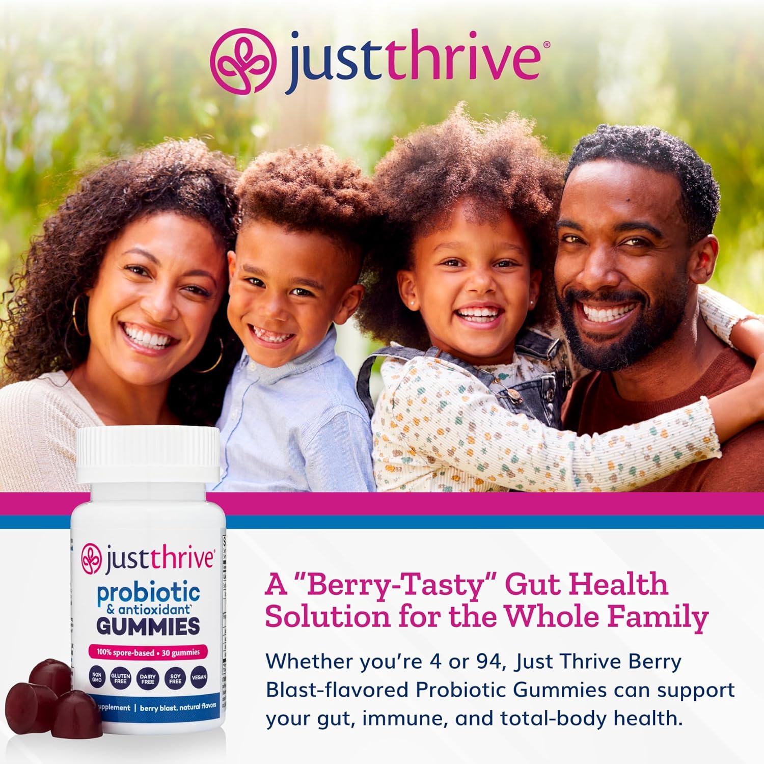 Just Thrive Probiotic Gummies - Kids, Men, and Womens Probiotic - for Digestive and Overall Health, 30 Count