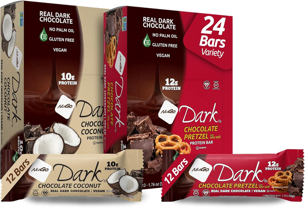 NuGo Dark Variety - Pretzel with Sea Salt 12 Bars & Dark Coconut 12 Bars, 10-12g Protein Bar, Vegan, Gluten Free, Non-GMO, Kosher Pareve, 24 Count