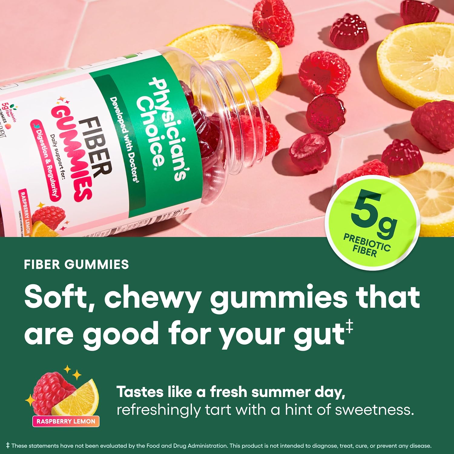 Physician’s Choice Fiber Gummies for Digestive Health & Regularity - Raspberry Lemon Flavor - No Sugar Added & Vegan - Natural Chicory Root Prebiotic Fiber - Daily Gummy for Adults, Women & Men - 60CT
