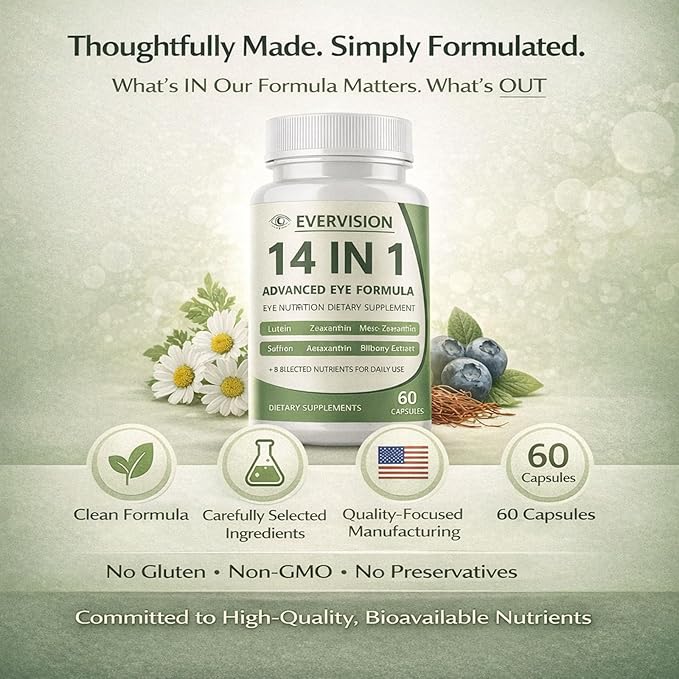 Evervision 14-in-1 Advanced Eye Formula, Daily Eye Nutrition Supplement with Lutein, Zeaxanthin, Saffron & Bilberry Extract, Eye Health Support for Adults – 60 Capsules (1)
