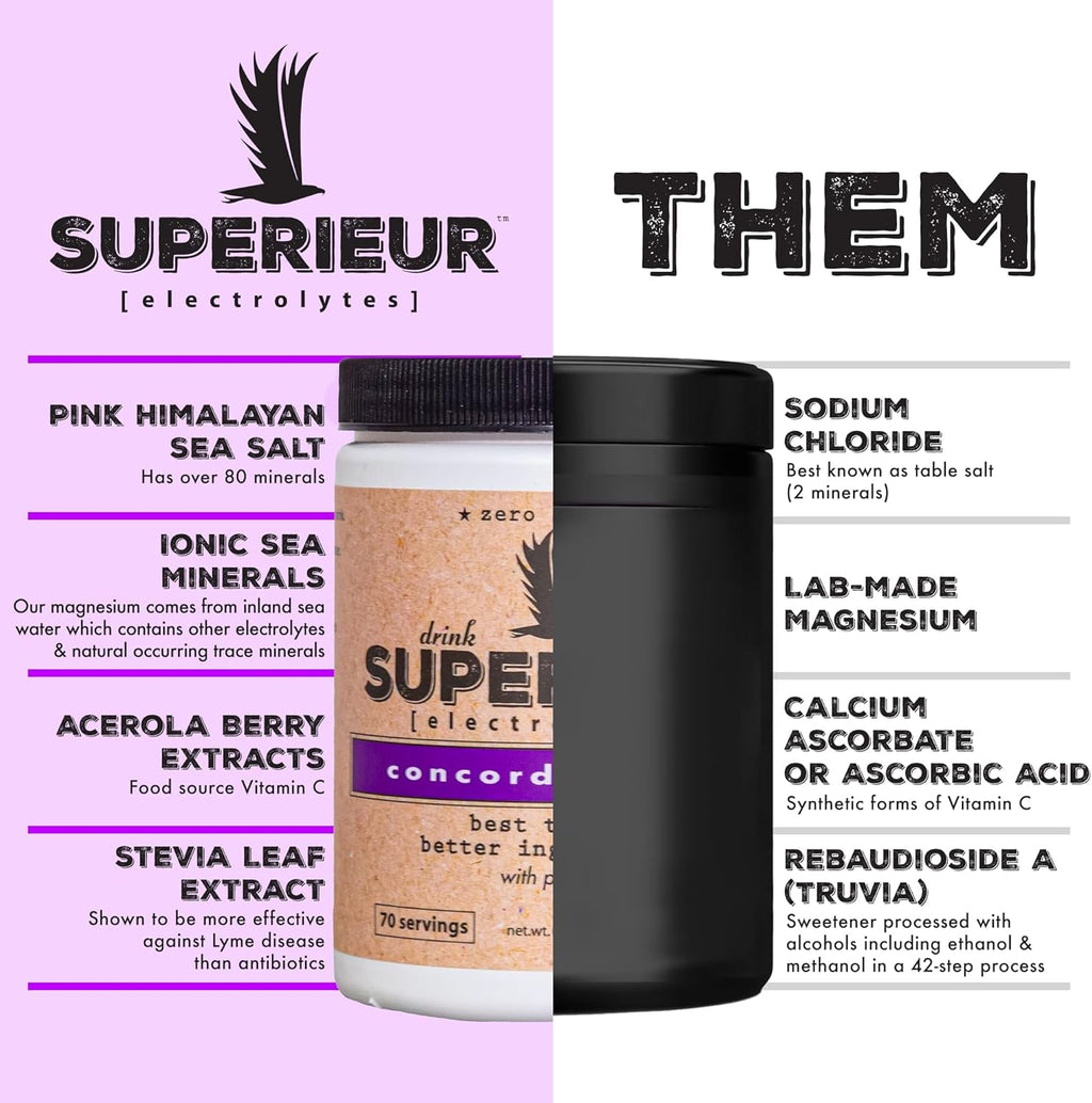Superieur Electrolytes – Plant Based Electrolyte Supplement w/Sea Minerals for Hydration & Recovery–Keto Friendly, Non-GMO, Zero Sugar, Vegan Healthy Sports Drink Powder – Concord Grape (70 Servings)