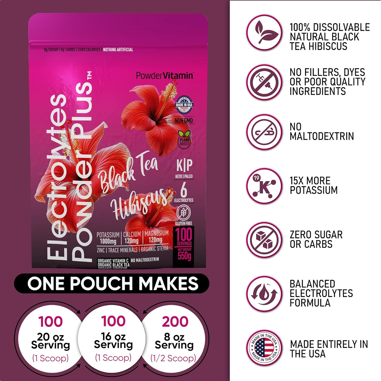 PowderVitamin Electrolytes Powder Plus (100 Servings) Black Tea Hibiscus Electrolyte Powder Keto, Sugar Free, Pink Himalayan Salt,1000mg Potassium,120mg Calcium,120mg Magnesium, Hydration Powder