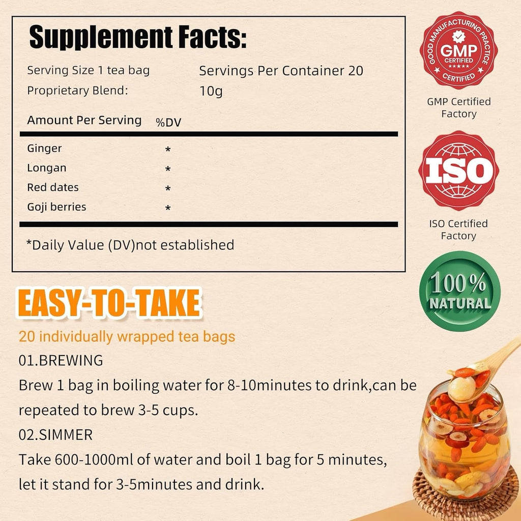 Eastrue Organic Ginger Herbal Tea for Women-Jujube Red Dates,Goji Berry,Longan Blend,Lactation Tea for Breastfeeding,Support Hormone Balance,Postpartum Recovery,Menopause,(200g/20Bags)