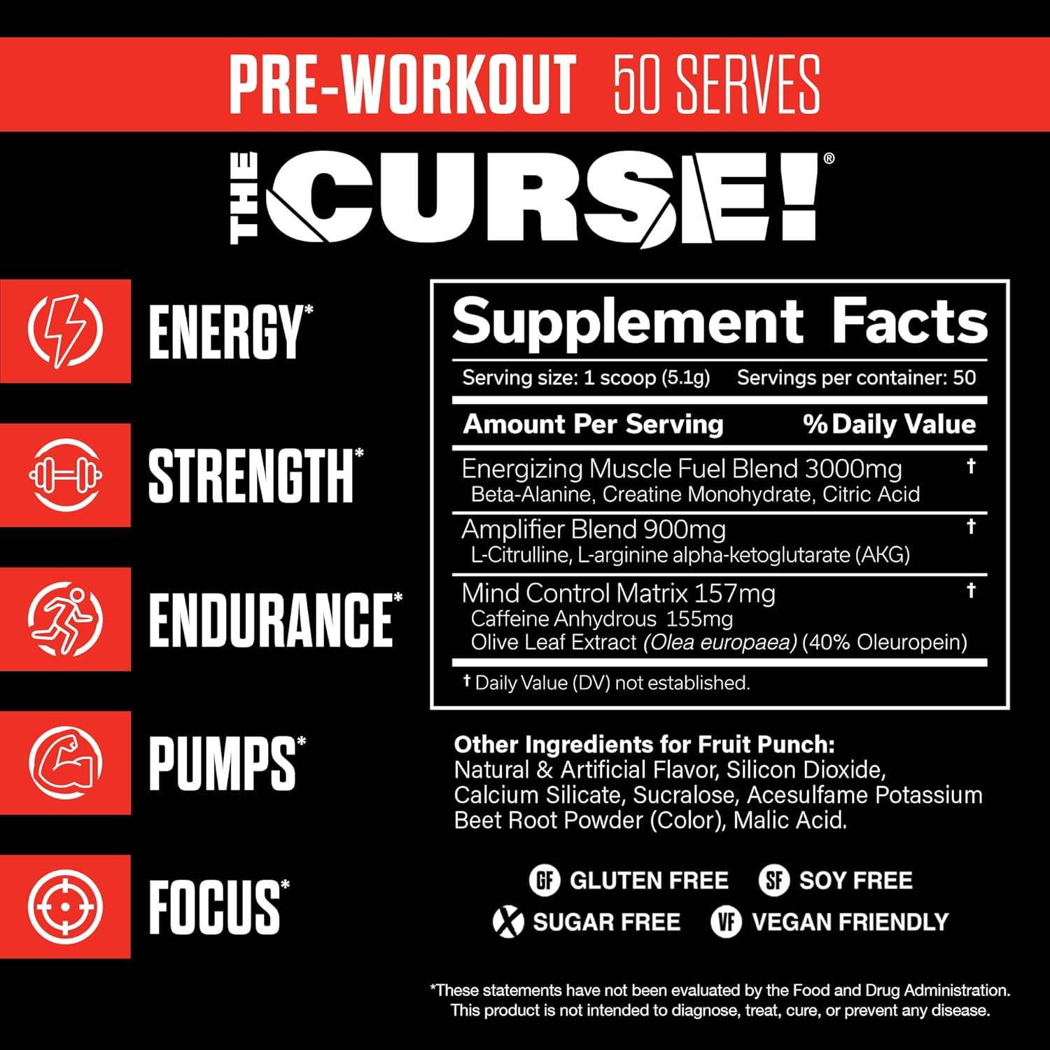 JNX SPORTS The Curse! Pre Workout Powder for Men & Women, Caffeine, Beta-Alanine, Creatine, L-Citrulline, 50 Servings, Fruit Punch Flavor – Boost Energy, Strength & Focus