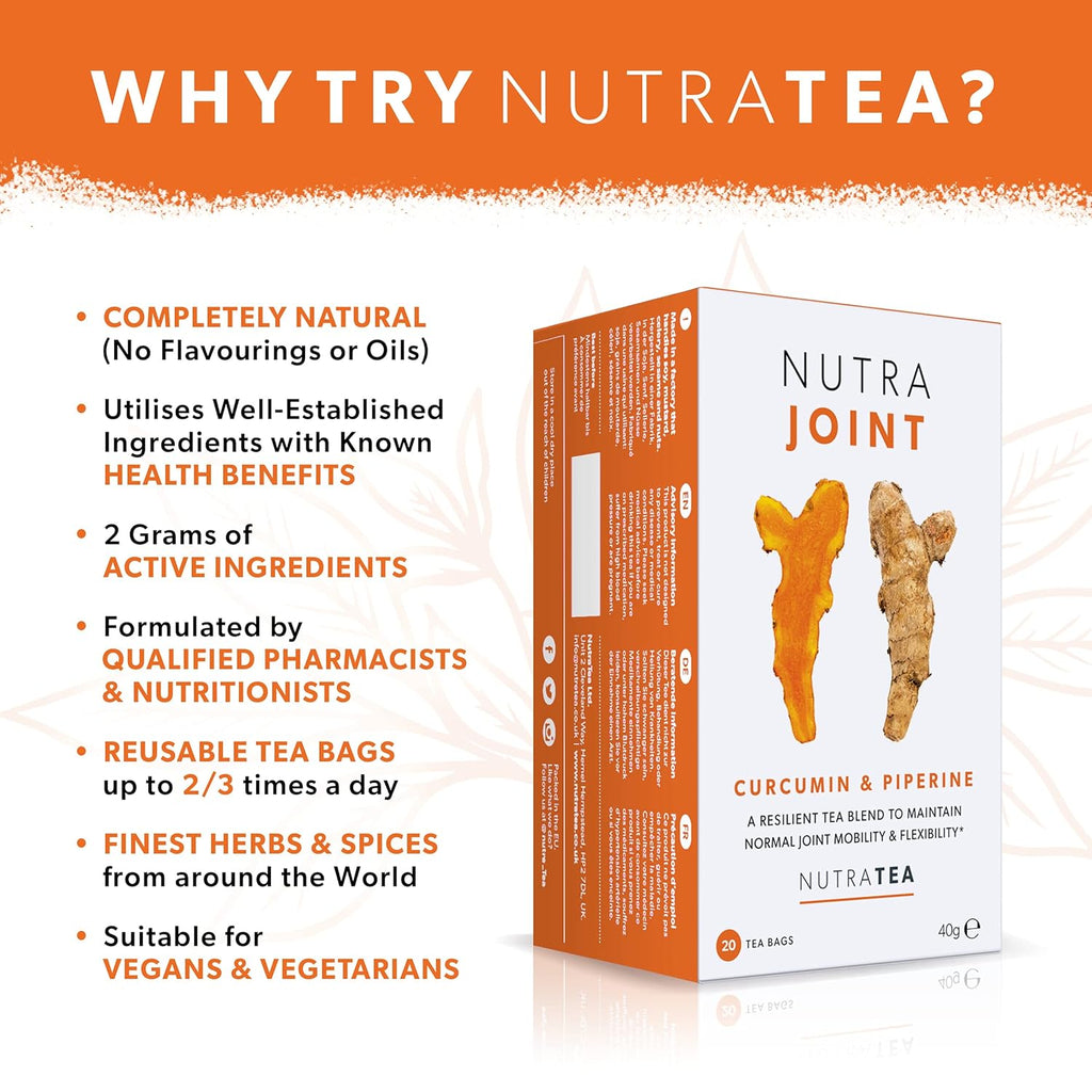Nutra Tea NutraJoint – Joint Care Tea – Arthritis Support Blend – Curcumin, Green Tea and Piperine – 40 Enveloped Tea Bags – Herbal Infusion – 2 Pack