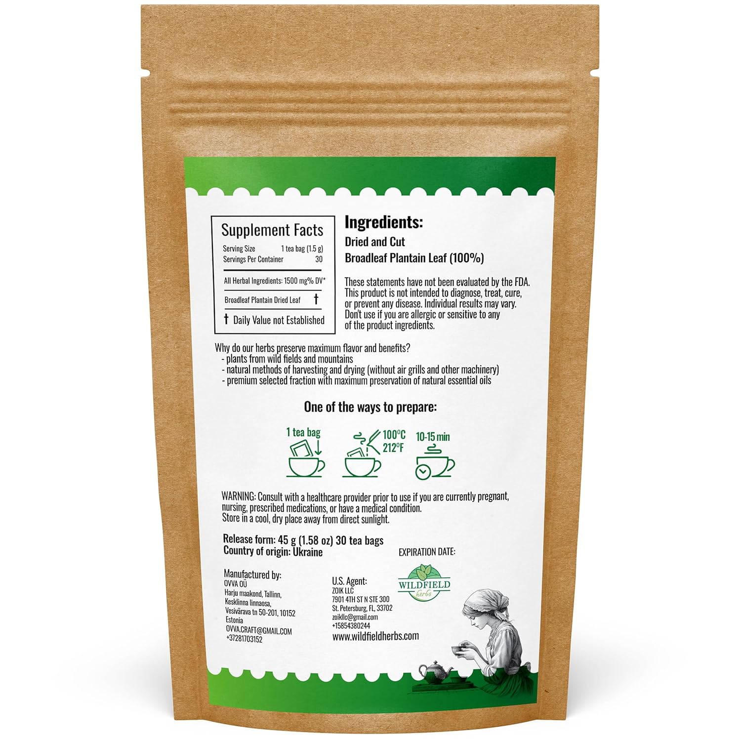 30 Bags Plantain Leaf Herb Tea Dried Plaintains Leaves (Plantago Major) - 30 Count 2g Tea Bags Greater Broadleaf Plantain Leaf Llanten