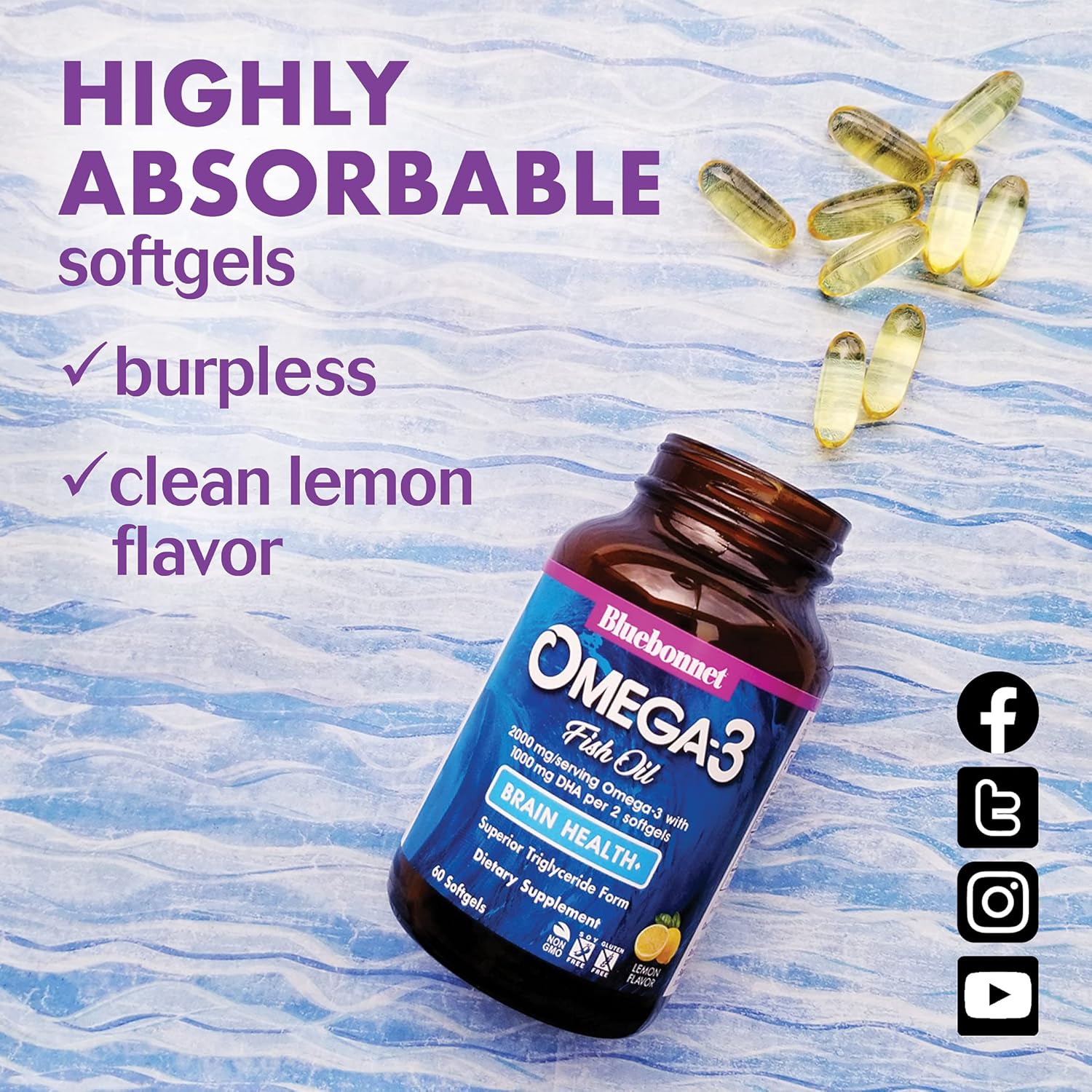 Bluebonnet Nutrition Omega-3 Brain Formula Natural Wild Caught Triglyceride Form DHA 860 mg EPA 120 mg - Highly Concentrated Cognitive Health & Wellness Support Supplement - Gluten-Free - 60 Softgels