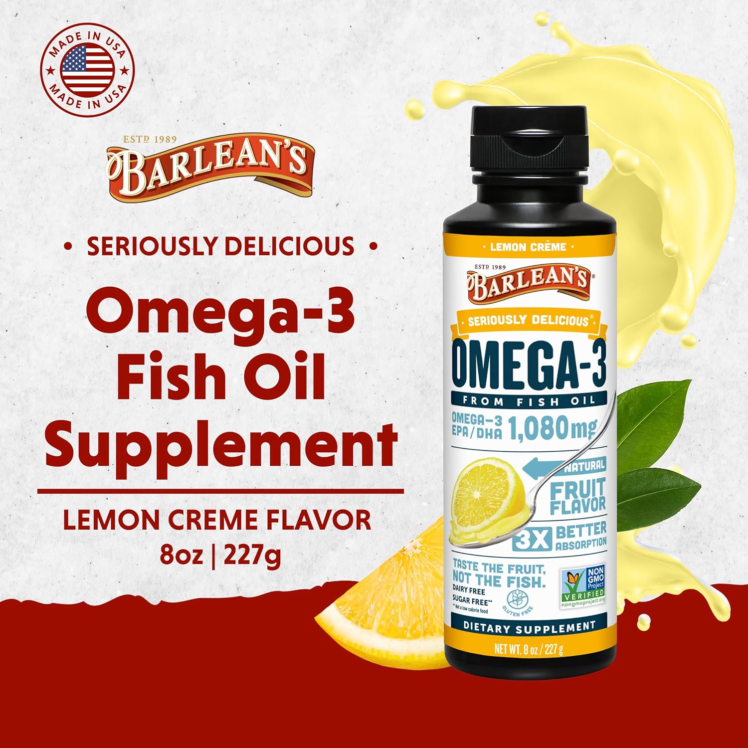 Barlean's Lemon Crème Omega 3 Fish Oil Liquid Supplement, 1080mg of Omega 3 EPA & DHA Fatty Acid, Smoothie Flavored & Burpless for Brain, Joint, & Heart Health, 8 oz
