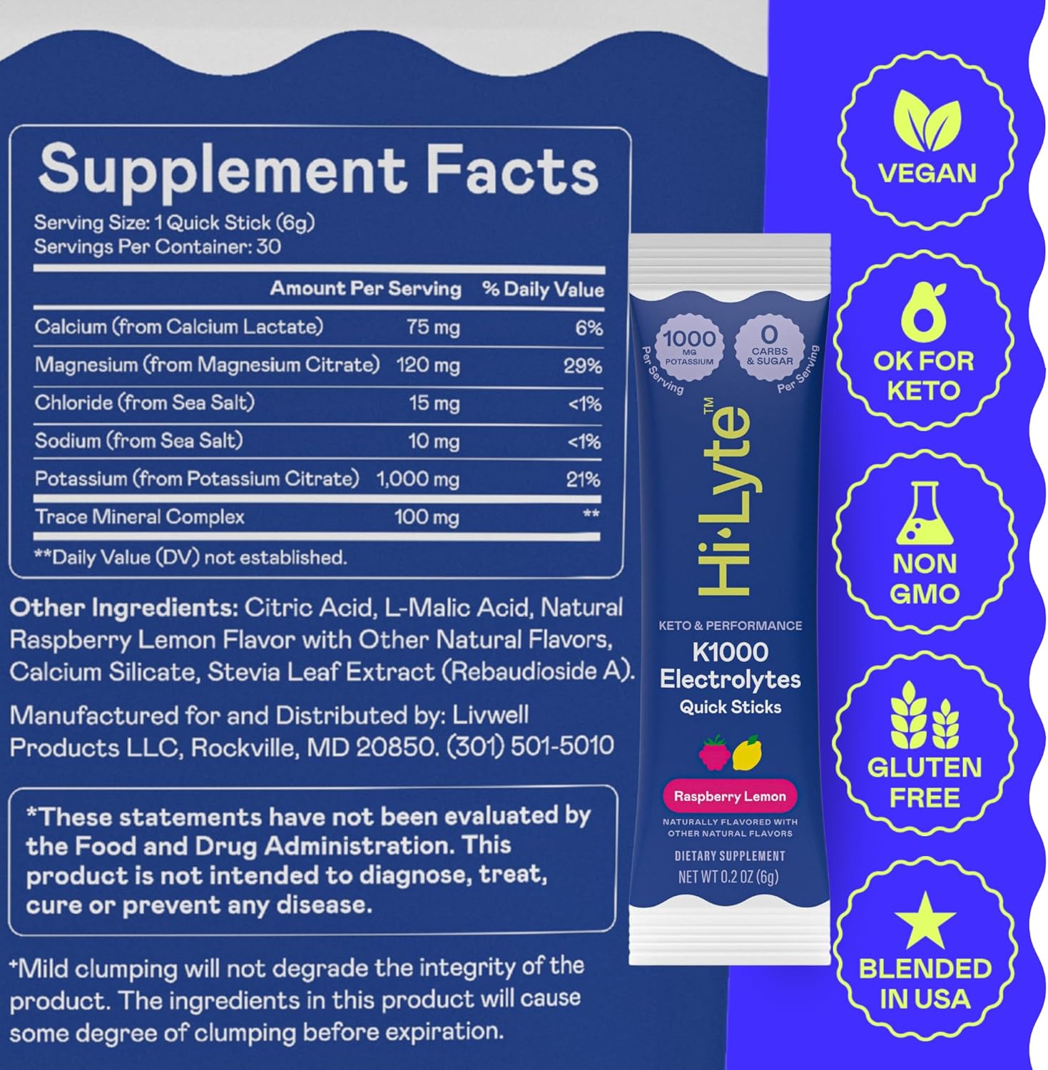 Hi-Lyte K1000 Electrolytes Sticks Raspberry Lemon Keto & Performance, 30 Servings
