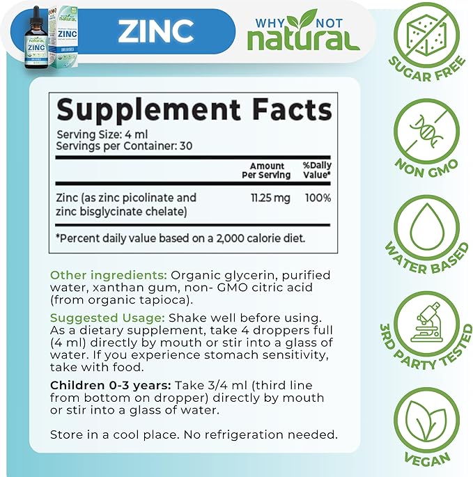 Organic Liquid Zinc Drops Supplement with Chelated Picolinate and Bisglycinate, Vegan