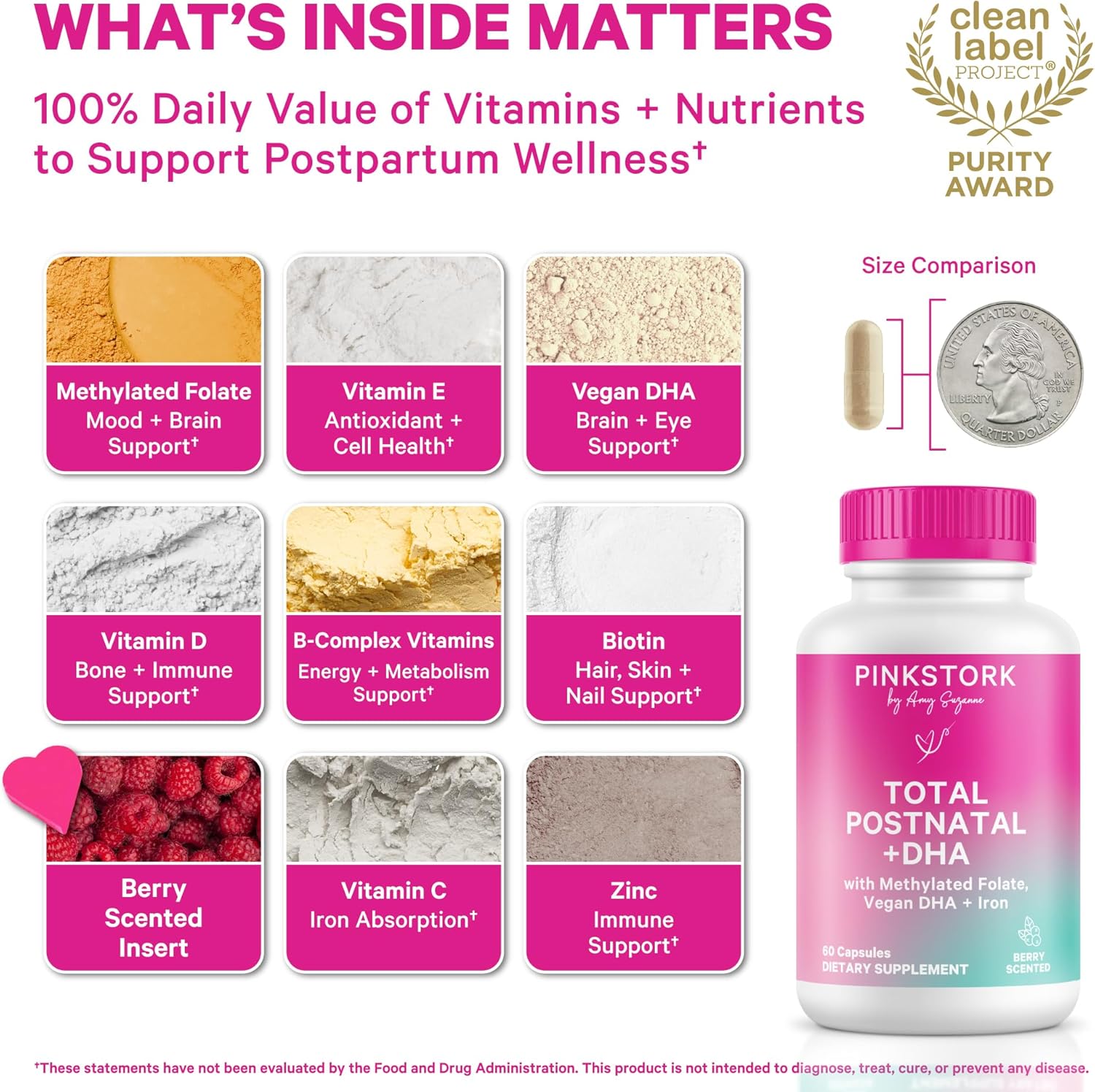Pink Stork Total Postnatal Vitamins for Women with Vegan DHA, Iron, Folate, and Vitamin B12, Postpartum Recovery Essentials, Daily Supplement for Breastfeeding Moms - 3 Month Supply